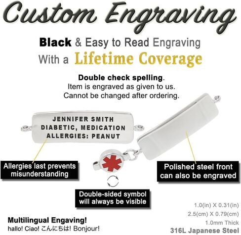 Custom Engraved Medical ID Bracelets for Women, Lightweight Bright 316L Stainless Steel, Waterproof, Engraving Lifetime Coverage - Artisan Collection USA in Saudi Arabia