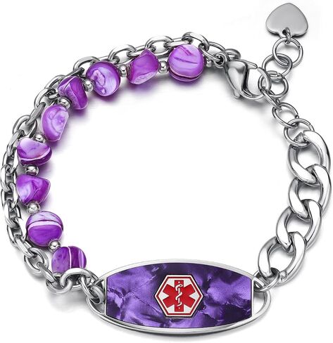 Personalized Medical Alert Bracelets for Women & Men, 2-Layer Adjustable Stone Beads Chain Medical ID Bracelets, Stainless Steel ID Tag with Free Engraving in Saudi Arabia