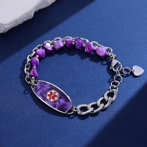 Personalized Medical Alert Bracelets for Women & Men, 2-Layer Adjustable Stone Beads Chain Medical ID Bracelets, Stainless Steel ID Tag with Free Engraving in Saudi Arabia