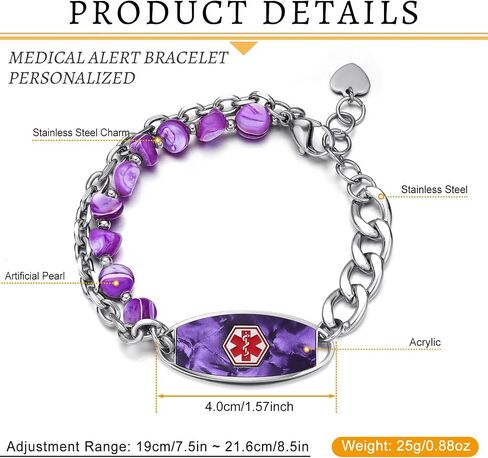 Personalized Medical Alert Bracelets for Women & Men, 2-Layer Adjustable Stone Beads Chain Medical ID Bracelets, Stainless Steel ID Tag with Free Engraving in Saudi Arabia