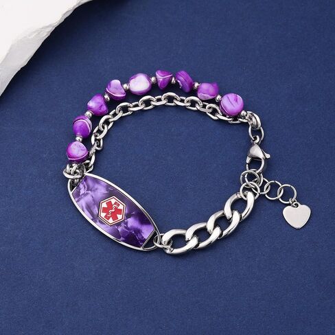 Personalized Medical Alert Bracelets for Women & Men, 2-Layer Adjustable Stone Beads Chain Medical ID Bracelets, Stainless Steel ID Tag with Free Engraving in Saudi Arabia
