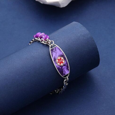 Personalized Medical Alert Bracelets for Women & Men, 2-Layer Adjustable Stone Beads Chain Medical ID Bracelets, Stainless Steel ID Tag with Free Engraving in Saudi Arabia