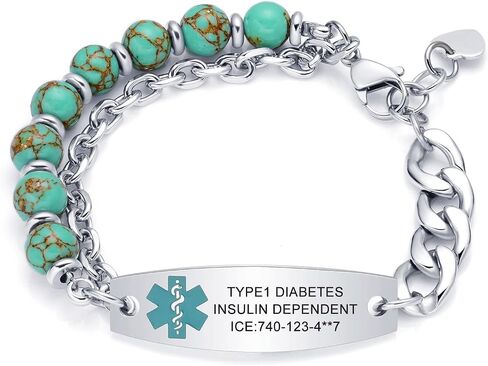 Personalized Medical Alert Bracelets for Women & Men, 2-Layer Adjustable Stone Beads Chain Medical ID Bracelets, Stainless Steel ID Tag with Free Engraving in Saudi Arabia