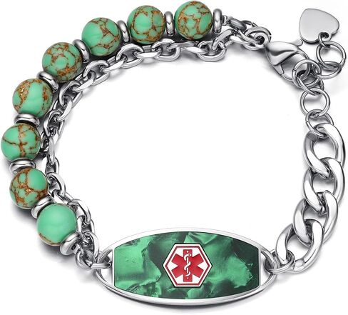 Personalized Medical Alert Bracelets for Women & Men, 2-Layer Adjustable Stone Beads Chain Medical ID Bracelets, Stainless Steel ID Tag with Free Engraving in Saudi Arabia