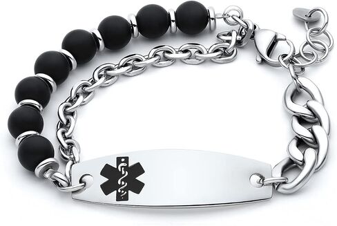 Personalized Medical Alert Bracelets for Women & Men, 2-Layer Adjustable Stone Beads Chain Medical ID Bracelets, Stainless Steel ID Tag with Free Engraving in Saudi Arabia