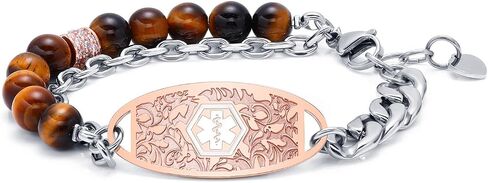 Personalized Medical Alert Bracelets for Women & Men, 2-Layer Adjustable Stone Beads Chain Medical ID Bracelets, Stainless Steel ID Tag with Free Engraving in Saudi Arabia
