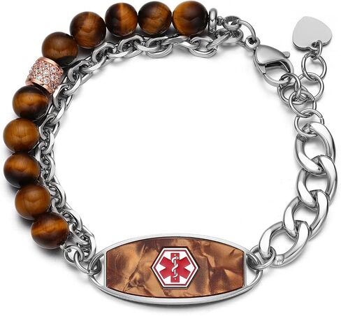 Personalized Medical Alert Bracelets for Women & Men, 2-Layer Adjustable Stone Beads Chain Medical ID Bracelets, Stainless Steel ID Tag with Free Engraving in Saudi Arabia