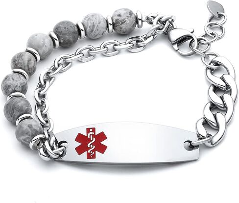 Personalized Medical Alert Bracelets for Women & Men, 2-Layer Adjustable Stone Beads Chain Medical ID Bracelets, Stainless Steel ID Tag with Free Engraving in Saudi Arabia
