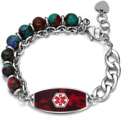 Personalized Medical Alert Bracelets for Women & Men, 2-Layer Adjustable Stone Beads Chain Medical ID Bracelets, Stainless Steel ID Tag with Free Engraving in Saudi Arabia