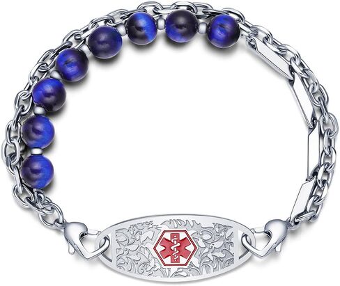 Personalized Medical Alert Bracelets for Women & Men, 2-Layer Adjustable Stone Beads Chain Medical ID Bracelets, Stainless Steel ID Tag with Free Engraving in Saudi Arabia