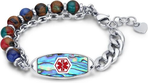 Personalized Medical Alert Bracelets for Women & Men, 2-Layer Adjustable Stone Beads Chain Medical ID Bracelets, Stainless Steel ID Tag with Free Engraving in Saudi Arabia