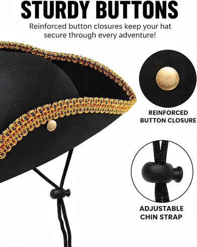 Revolutionary War Tricorn Hat - Adjustable Chin Strap, Fits a Wide Range Of Head Sizes, for Pirate George Washington Paul Revere Costume for Reenactment in Saudi Arabia