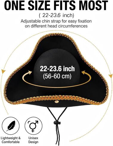 Revolutionary War Tricorn Hat - Adjustable Chin Strap, Fits a Wide Range Of Head Sizes, for Pirate George Washington Paul Revere Costume for Reenactment in Saudi Arabia