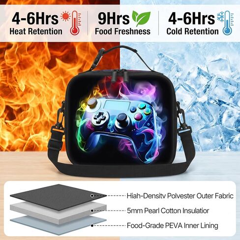 Gamer Boys Lunch Bag - Kids Lunch Box for Boys & Girls,Insulated Video Game Lunchbox with Adjustable Shoulder Strap & Name Tag,Reusable Portable Lunchbox for School Picnic Hiking in Saudi Arabia