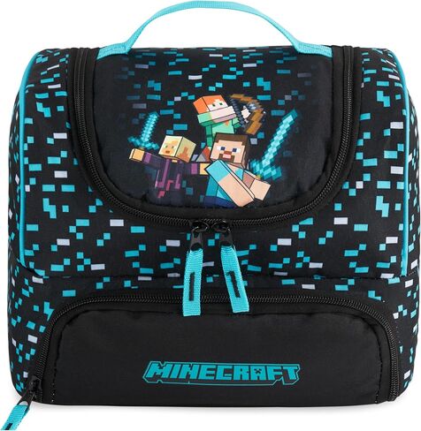 Get Trend Minecraft Kids Reusable Insulated Lunch Bag, Lightweight Dual Compartment Cooler Bag with Handle, Fits Kids Lunch Box for School, Picnic, Creeper Gamer Gifts for Boys (Blue) in Kuwait