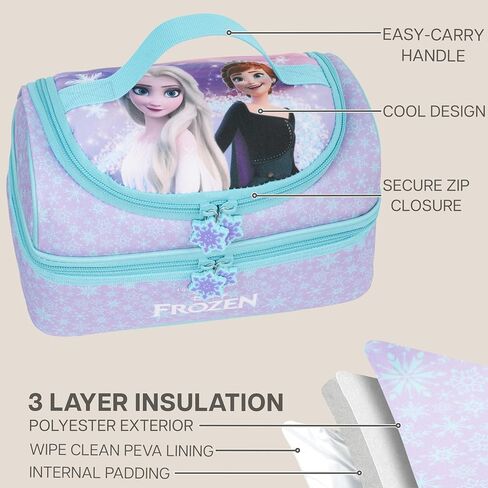 Get Trend Disney Frozen Girls Reusable Insulated Lunch Bag, Lightweight 3L Cooler Bag, Dual Compartment with Handle, Fits Kids Lunch Box for School, Picnic, Elsa Anna Gifts for Girls (Purple Frozen) in Kuwait