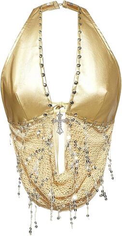 SweatyRocks Women's Grunge Punk Y2K Sequin Studded Halter Tops Tie Back Party Draped Tops in Kuwait