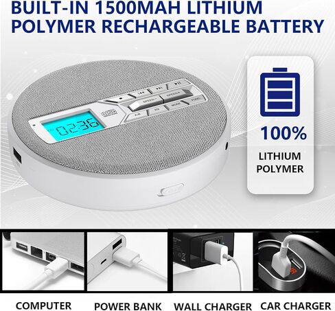 CD Player Portable, Rechargeable Portable CD Players for Home, Built-in Speakers and Headphones Supports CD/U Disk/AUX/A-B Repeat/LCD Display/10 Speeds/Anti Skip, for Home/Car CDP-3030 in Saudi Arabia