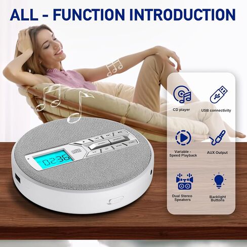 CD Player Portable, Rechargeable Portable CD Players for Home, Built-in Speakers and Headphones Supports CD/U Disk/AUX/A-B Repeat/LCD Display/10 Speeds/Anti Skip, for Home/Car CDP-3030 in Saudi Arabia