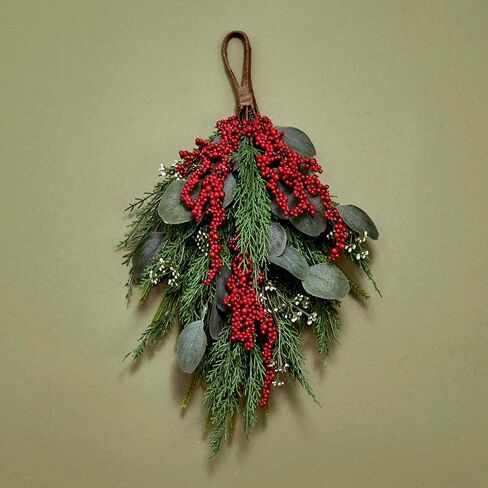 LampLust Swag for Front Door, 18 Inch Greenery with Eucalyptus and Red Berry, Teardrop Swag for Decorating, Indoor Hanging Decor for Entryways, Door or Stairways, Spring Decor, Table Centerpiece in Saudi Arabia