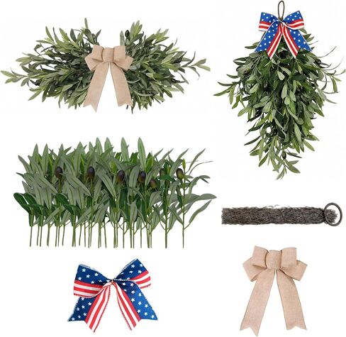 DIY Olive Swag Kit with 24 Realistic Faux Olive Stems, Vine Base and 2 Bow Options, Makes 1 Teardrop Swag or Horizontal Front Door Swag for Wall or Farmhouse Decor in Kuwait