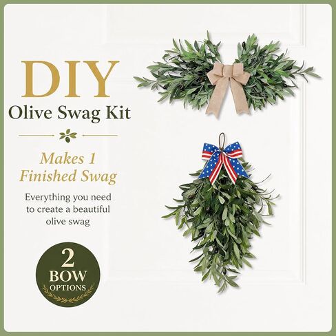 DIY Olive Swag Kit with 24 Realistic Faux Olive Stems, Vine Base and 2 Bow Options, Makes 1 Teardrop Swag or Horizontal Front Door Swag for Wall or Farmhouse Decor in Kuwait