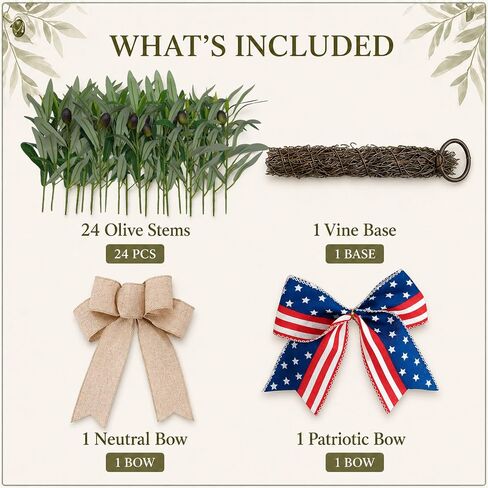 DIY Olive Swag Kit with 24 Realistic Faux Olive Stems, Vine Base and 2 Bow Options, Makes 1 Teardrop Swag or Horizontal Front Door Swag for Wall or Farmhouse Decor in Kuwait