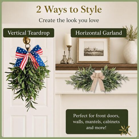 DIY Olive Swag Kit with 24 Realistic Faux Olive Stems, Vine Base and 2 Bow Options, Makes 1 Teardrop Swag or Horizontal Front Door Swag for Wall or Farmhouse Decor in Kuwait