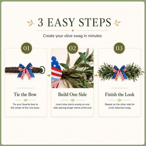 DIY Olive Swag Kit with 24 Realistic Faux Olive Stems, Vine Base and 2 Bow Options, Makes 1 Teardrop Swag or Horizontal Front Door Swag for Wall or Farmhouse Decor in Kuwait