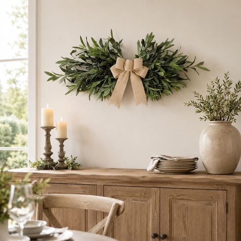 DIY Olive Swag Kit with 24 Realistic Faux Olive Stems, Vine Base and 2 Bow Options, Makes 1 Teardrop Swag or Horizontal Front Door Swag for Wall or Farmhouse Decor in Kuwait