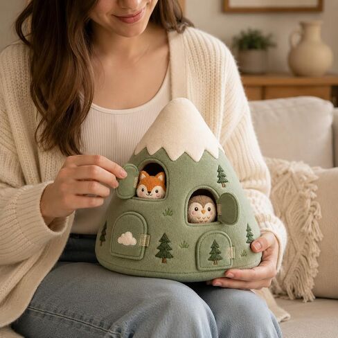 Juju Felt Mountain Soft Sculpted Shelf Accent – Cream and Sage Mountain with 4 Hook-and-Loop Cave Doors and Hidden Woodland Animal Friends – Whimsical Woodland Nursery Decor – Cozy Room Accent in Kuwait