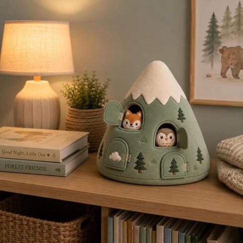 Juju Felt Mountain Soft Sculpted Shelf Accent – Cream and Sage Mountain with 4 Hook-and-Loop Cave Doors and Hidden Woodland Animal Friends – Whimsical Woodland Nursery Decor – Cozy Room Accent in Kuwait