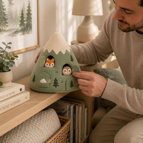 Juju Felt Mountain Soft Sculpted Shelf Accent – Cream and Sage Mountain with 4 Hook-and-Loop Cave Doors and Hidden Woodland Animal Friends – Whimsical Woodland Nursery Decor – Cozy Room Accent in Kuwait