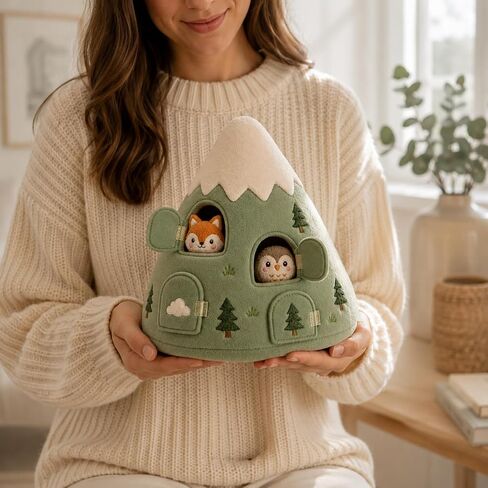 Juju Felt Mountain Soft Sculpted Shelf Accent – Cream and Sage Mountain with 4 Hook-and-Loop Cave Doors and Hidden Woodland Animal Friends – Whimsical Woodland Nursery Decor – Cozy Room Accent in Kuwait