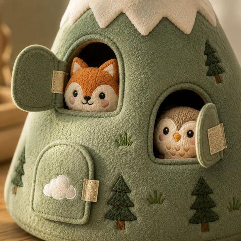 Juju Felt Mountain Soft Sculpted Shelf Accent – Cream and Sage Mountain with 4 Hook-and-Loop Cave Doors and Hidden Woodland Animal Friends – Whimsical Woodland Nursery Decor – Cozy Room Accent in Kuwait