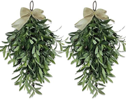 Premium 24" Artificial Olive Branch Teardrop Swag – Realistic Faux Greenery Wreath for Front Door, Wall, Home & Year-Round Decor – Farmhouse Rustic Floral Accent for Indoor Outdoor (2) in Saudi Arabia