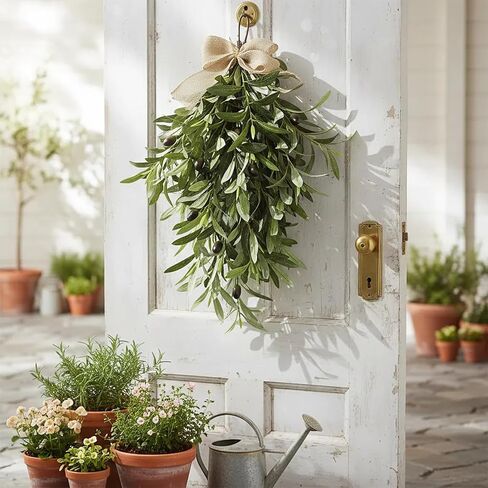 Premium 24" Artificial Olive Branch Teardrop Swag – Realistic Faux Greenery Wreath for Front Door, Wall, Home & Year-Round Decor – Farmhouse Rustic Floral Accent for Indoor Outdoor (2) in Saudi Arabia
