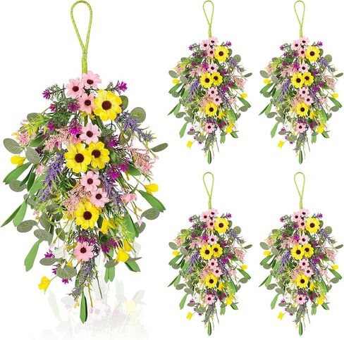 4 Pcs Spring Swags for Front Door, 23.6" Artificial Floral Teardrop Swags with Sunflowers Daisies Lavender, Spring Porch Decor Swag for Farmhouse Wall Window Cabinet Easter Decorations in Saudi Arabia