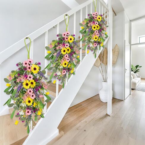 4 Pcs Spring Swags for Front Door, 23.6" Artificial Floral Teardrop Swags with Sunflowers Daisies Lavender, Spring Porch Decor Swag for Farmhouse Wall Window Cabinet Easter Decorations in Saudi Arabia