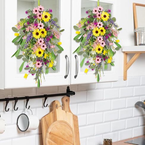 4 Pcs Spring Swags for Front Door, 23.6" Artificial Floral Teardrop Swags with Sunflowers Daisies Lavender, Spring Porch Decor Swag for Farmhouse Wall Window Cabinet Easter Decorations in Saudi Arabia