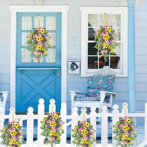 4 Pcs Spring Swags for Front Door, 23.6" Artificial Floral Teardrop Swags with Sunflowers Daisies Lavender, Spring Porch Decor Swag for Farmhouse Wall Window Cabinet Easter Decorations in Saudi Arabia