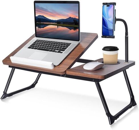 Laptop Desk in Bed, wishacc Adjustable Bamboo Lap Desk Table with Gooseneck Tablet Holder Mount for Laptop,Tablet,Phone,Book Reading in Kuwait