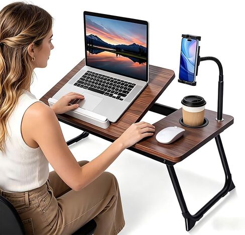 Laptop Desk in Bed, wishacc Adjustable Bamboo Lap Desk Table with Gooseneck Tablet Holder Mount for Laptop,Tablet,Phone,Book Reading in Kuwait