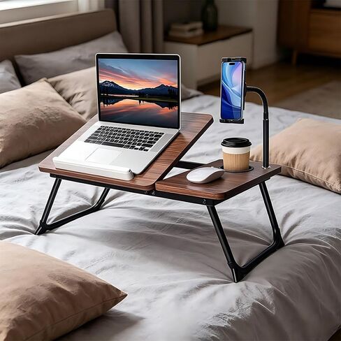 Laptop Desk in Bed, wishacc Adjustable Bamboo Lap Desk Table with Gooseneck Tablet Holder Mount for Laptop,Tablet,Phone,Book Reading in Kuwait