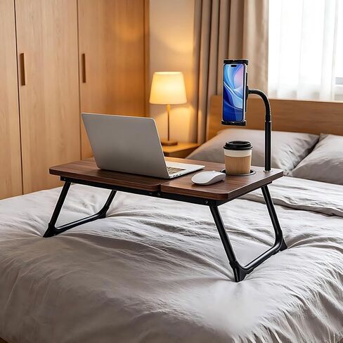 Laptop Desk in Bed, wishacc Adjustable Bamboo Lap Desk Table with Gooseneck Tablet Holder Mount for Laptop,Tablet,Phone,Book Reading in Kuwait