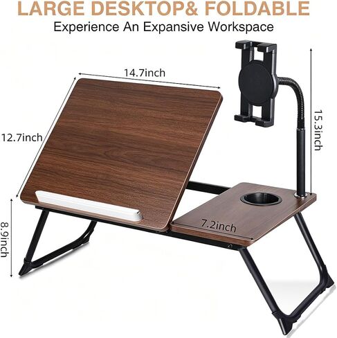 Laptop Desk in Bed, wishacc Adjustable Bamboo Lap Desk Table with Gooseneck Tablet Holder Mount for Laptop,Tablet,Phone,Book Reading in Kuwait