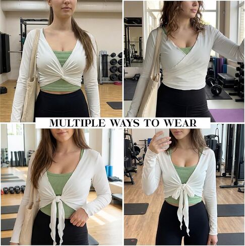 Womens Ballet Wrap Tops Cropped Long Sleeve Self Tie Front Shirt Y2K Workout Yoga Pilates Dance Cover Up Blouse(Beige,S) in Kuwait