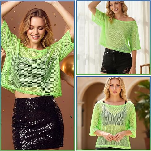 قطعة واحدة من قميص شبكي نيون للنساء، قمصان شبكية نيون، قميص شبكي أخضر نيون، ملابس حفلات نيون الثمانينيات للنساء حفلة تنكرية ديسكو (23.6 بوصة الصدر، 20.5 بوصة الطول) in Kuwait
