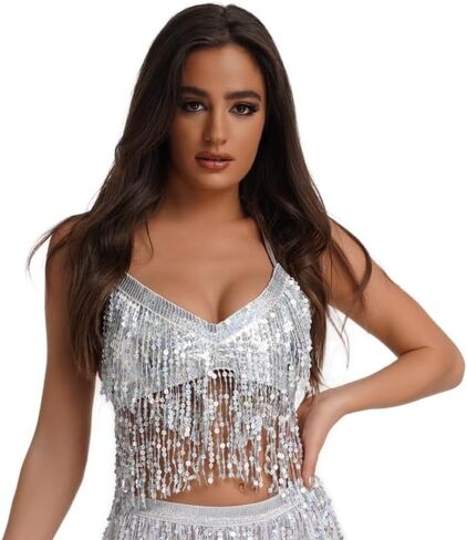 Women's Sequin Fringe Bra Top, Sparkly Belly Dance Party Club Rave Halloween Tassel Top in Saudi Arabia