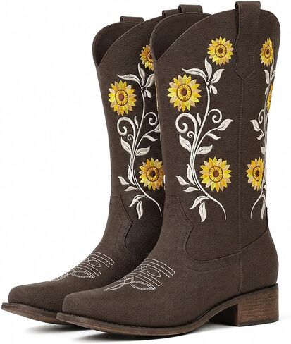 IUV Cowboy Boots For Women Sunflower Square Toe Mid Calf Western Pull On Fashion Cowgirl Boots in Saudi Arabia